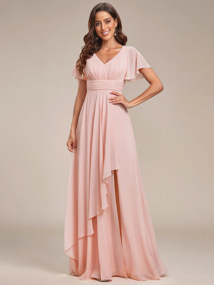 Side Split V Neck Ruched Chiffon Bridesmaid Dress - CALABRO®