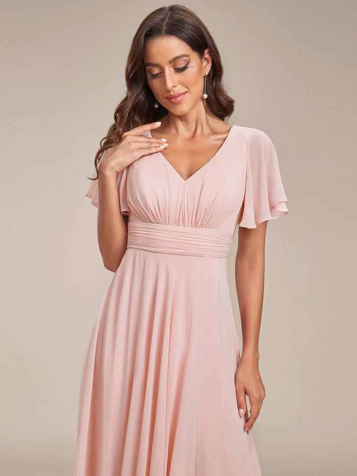 Side Split V Neck Ruched Chiffon Bridesmaid Dress - CALABRO®