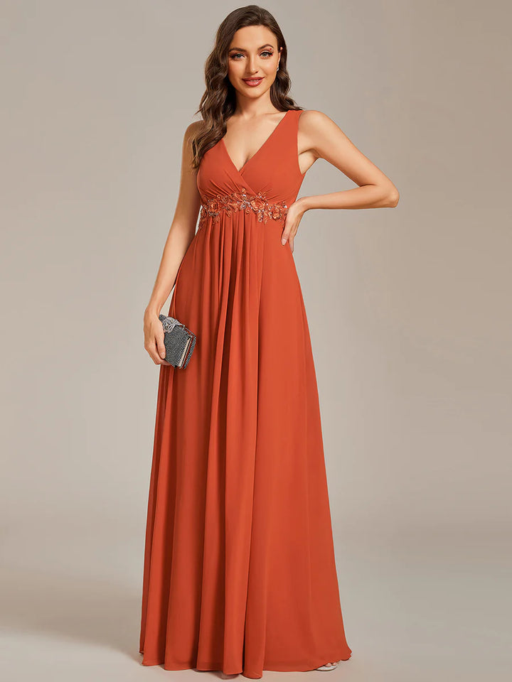 A-Line V Neck Appliques Ruched Bridesmaid Dress - CALABRO®