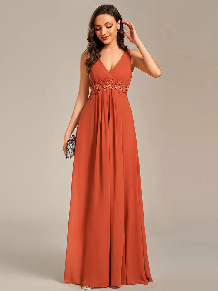 A-Line V Neck Appliques Ruched Bridesmaid Dress - CALABRO®