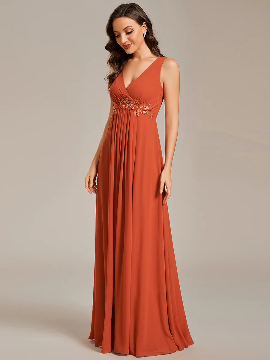 A-Line V Neck Appliques Ruched Bridesmaid Dress - CALABRO®