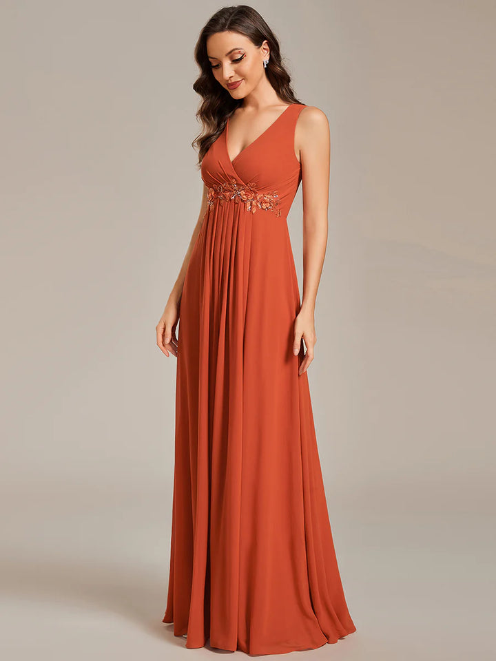 A-Line V Neck Appliques Ruched Bridesmaid Dress - CALABRO®