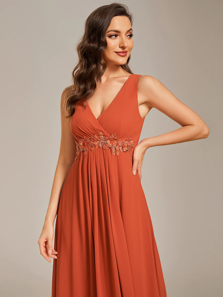 A-Line V Neck Appliques Ruched Bridesmaid Dress - CALABRO®