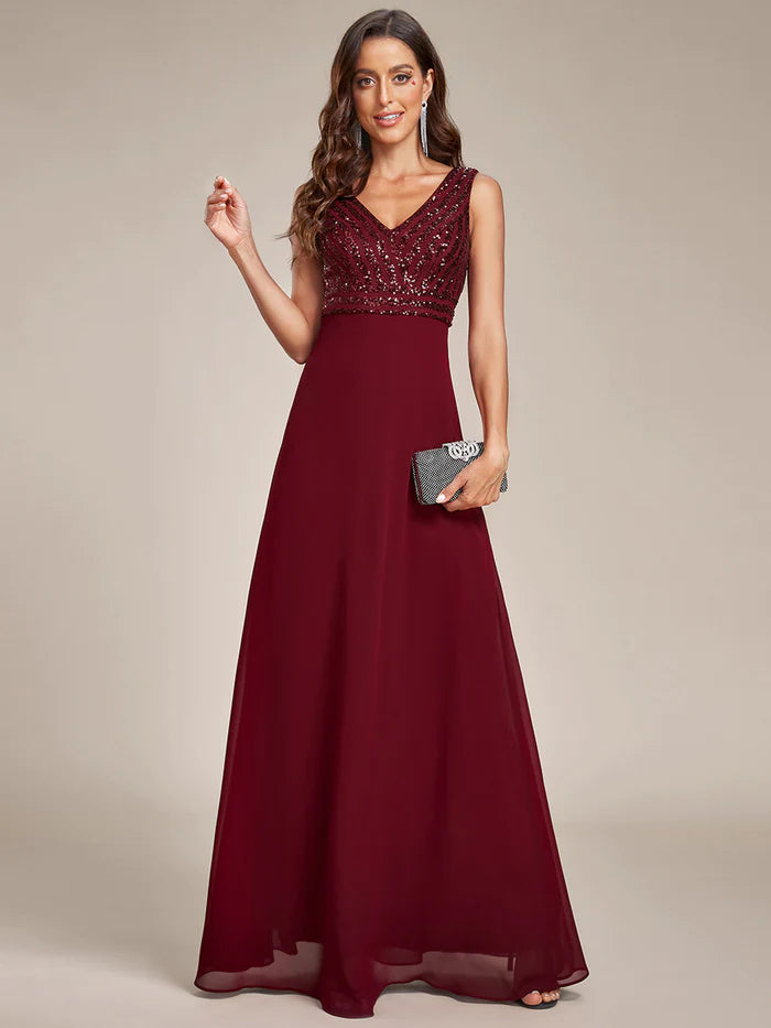 Sleeveless V Neck Sequin & Chiffon Bridesmaid Dress - CALABRO®