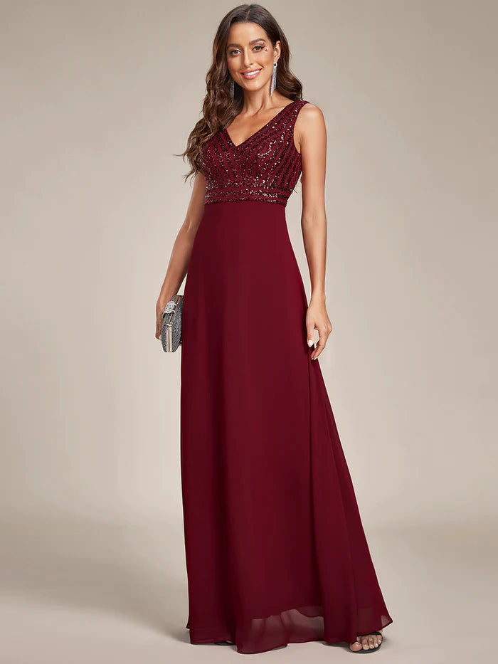 Sleeveless V Neck Sequin & Chiffon Bridesmaid Dress - CALABRO®