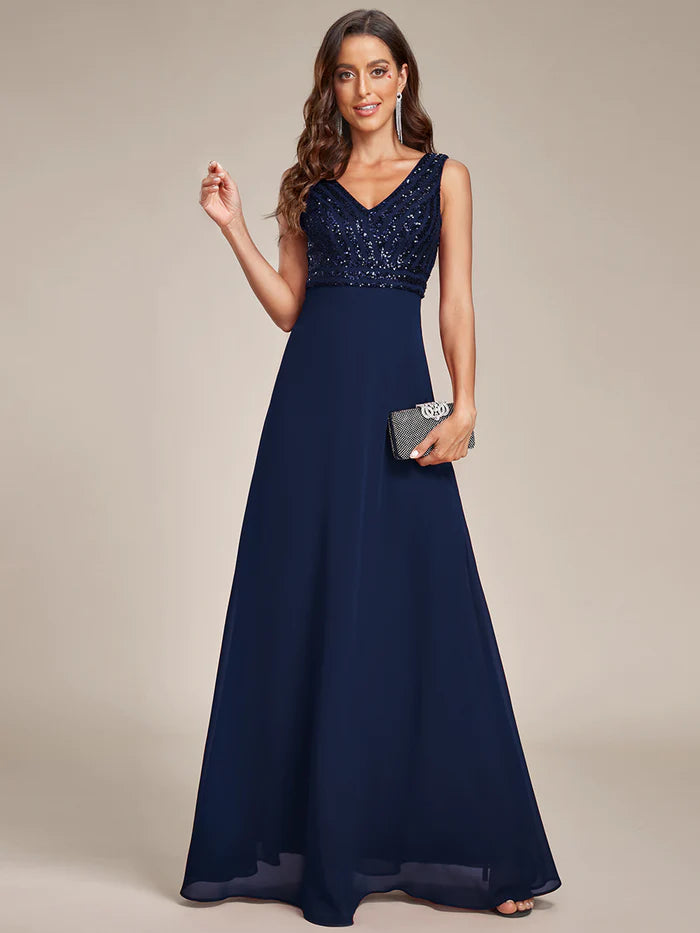 Sleeveless V Neck Sequin & Chiffon Bridesmaid Dress - CALABRO®