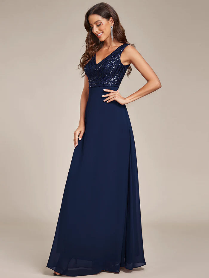 Sleeveless V Neck Sequin & Chiffon Bridesmaid Dress - CALABRO®