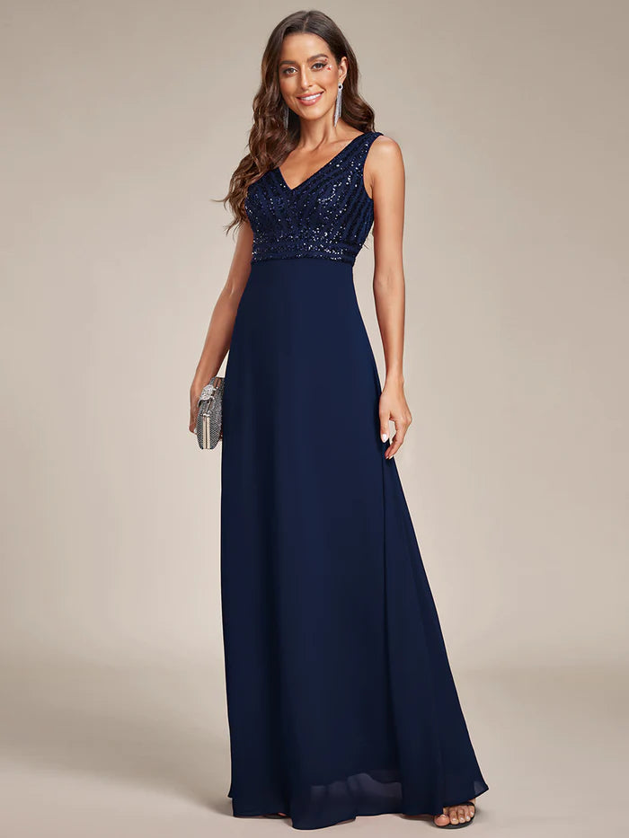 Sleeveless V Neck Sequin & Chiffon Bridesmaid Dress - CALABRO®