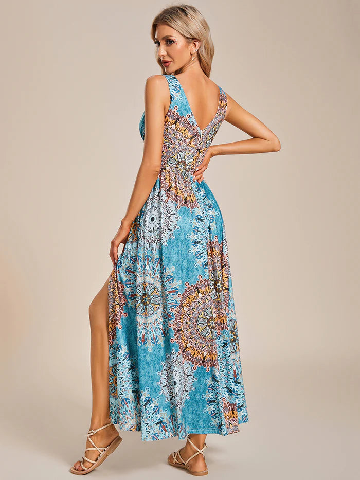 Tea Length Side Split Printed Evening Dresses With Belt - CALABRO®