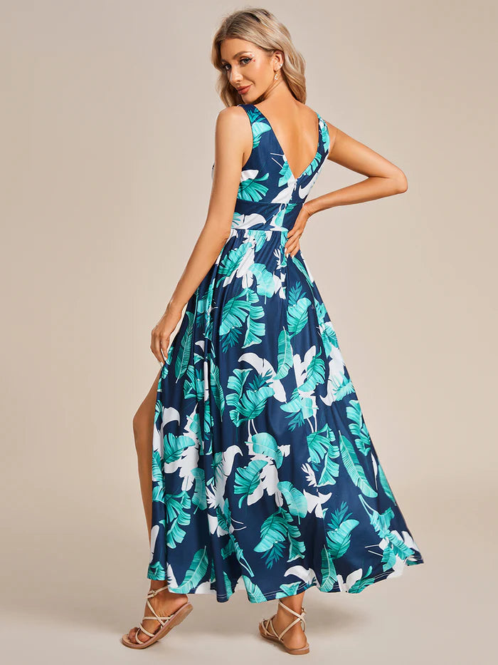 Tea Length Side Split Printed Evening Dresses With Belt - CALABRO®