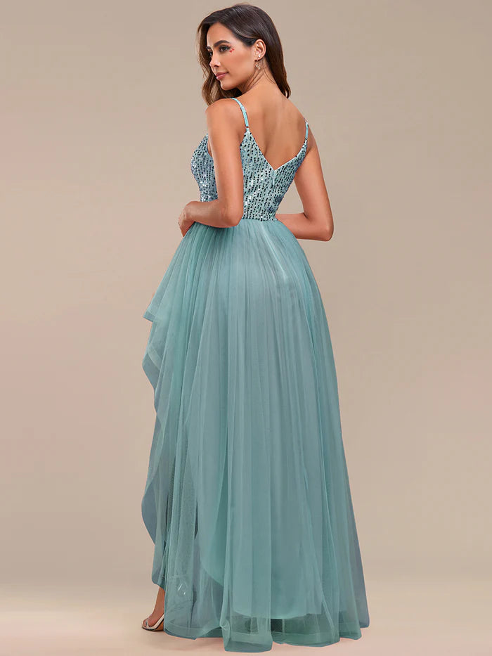 Spaghetti Straps Asymmetric Sequin Tulle Evening Dress - CALABRO®