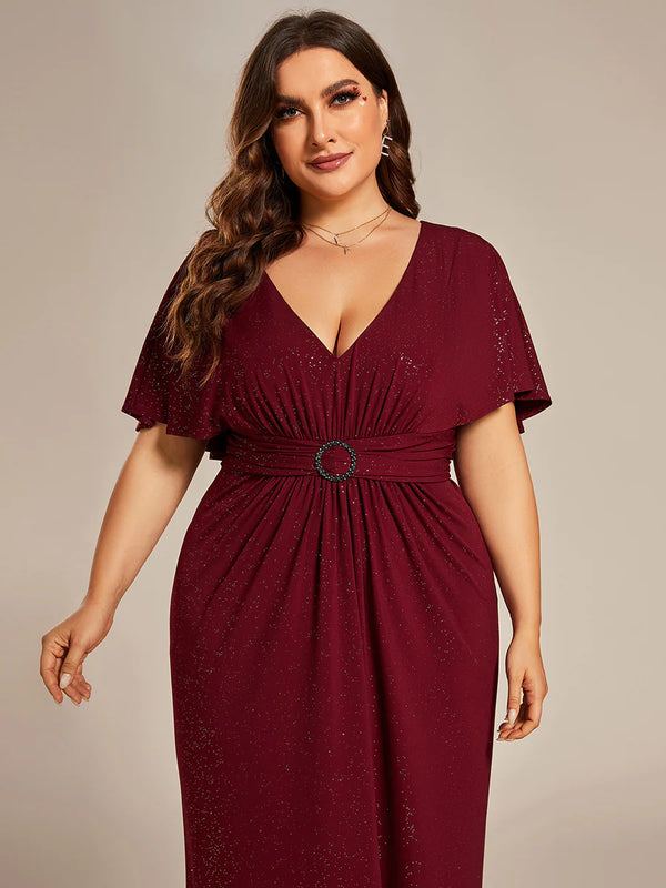 Sparkly Deep V Neck Pleated Plus Size Evening Dresses With Belt