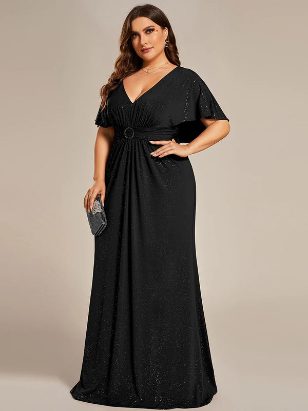 Sparkly Deep V Neck Pleated Plus Size Evening Dresses With Belt