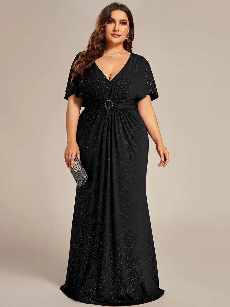 Sparkly Deep V Neck Pleated Plus Size Evening Dresses With Belt - CALABRO®