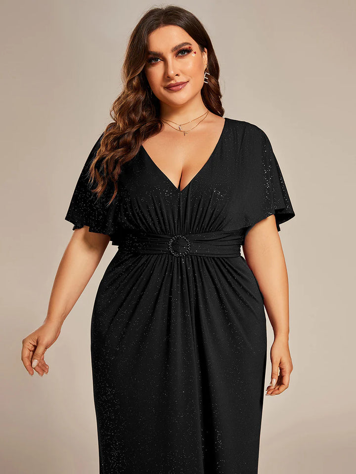 Sparkly Deep V Neck Pleated Plus Size Evening Dresses With Belt - CALABRO®