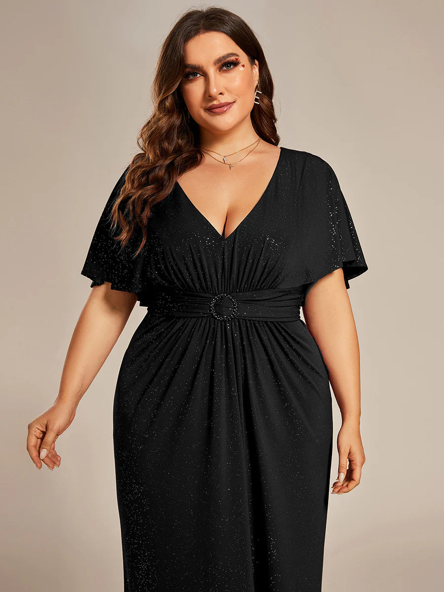 Sparkly Deep V Neck Pleated Plus Size Evening Dresses With Belt - CALABRO®