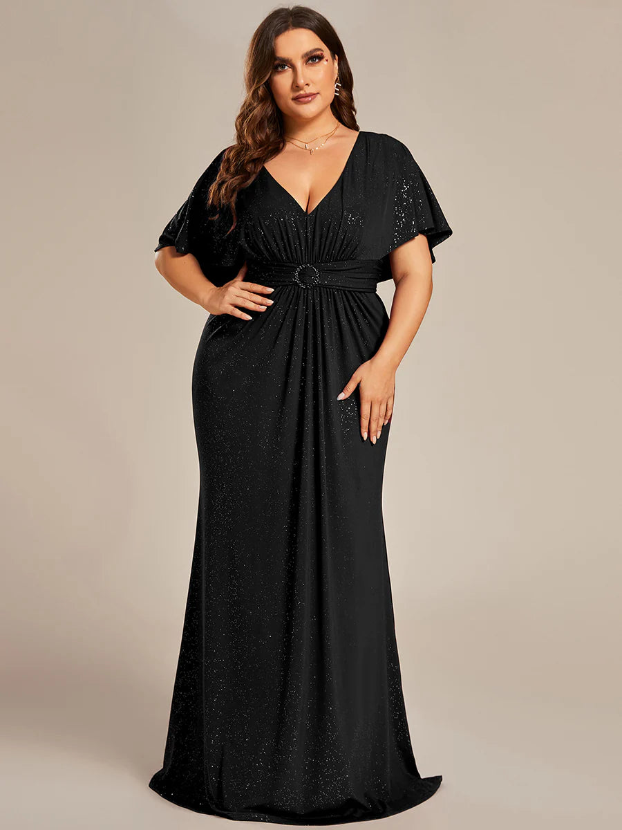 Sparkly Deep V Neck Pleated Plus Size Evening Dresses With Belt - CALABRO®