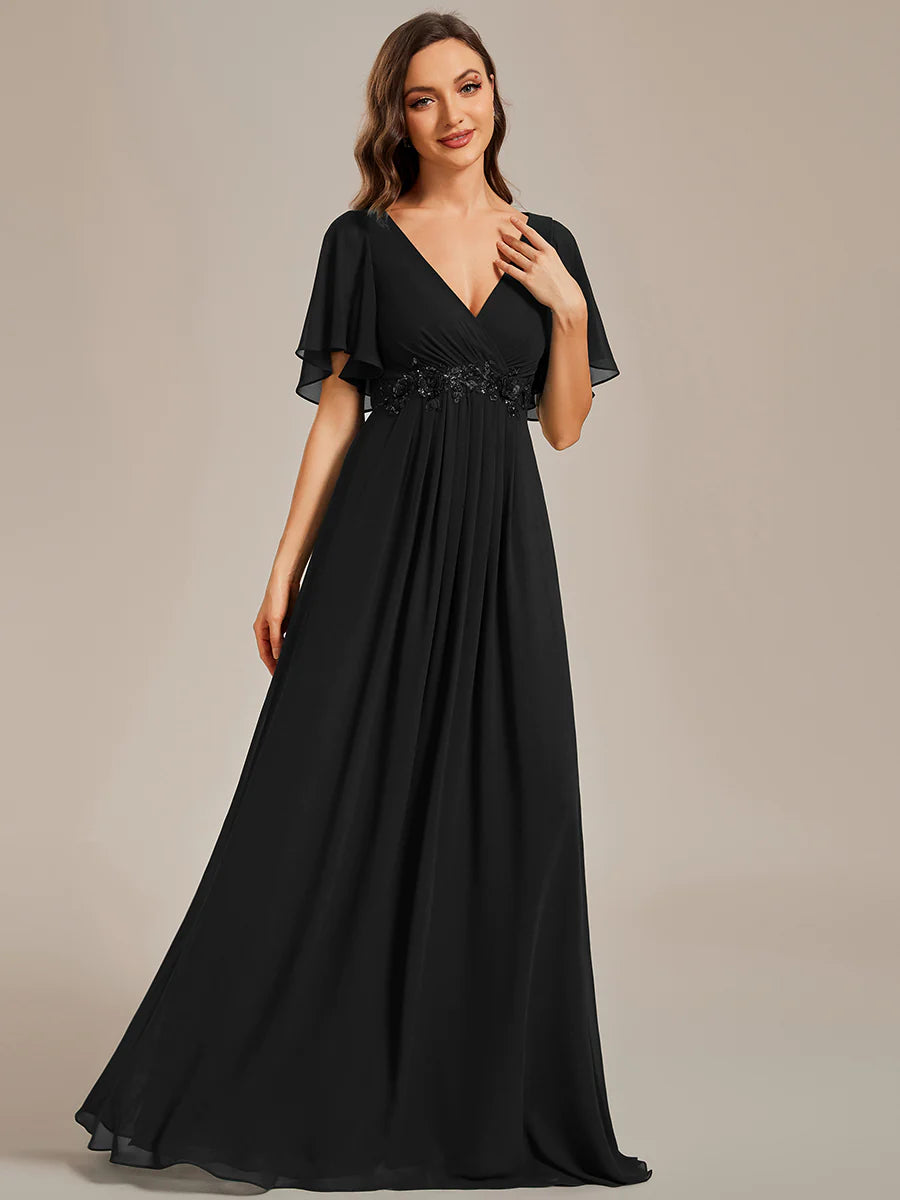 V Neck Appliques Pleated Bridesmaid Dress - CALABRO®