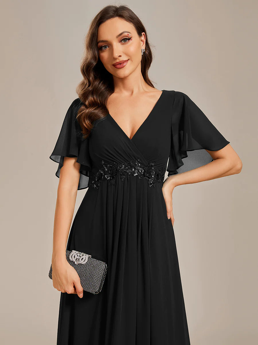 V Neck Appliques Pleated Bridesmaid Dress - CALABRO®