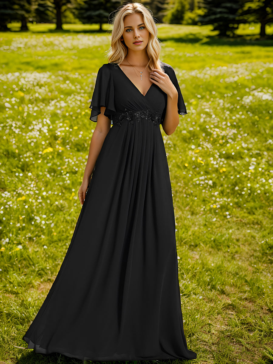 V Neck Appliques Pleated Bridesmaid Dresses - CALABRO®