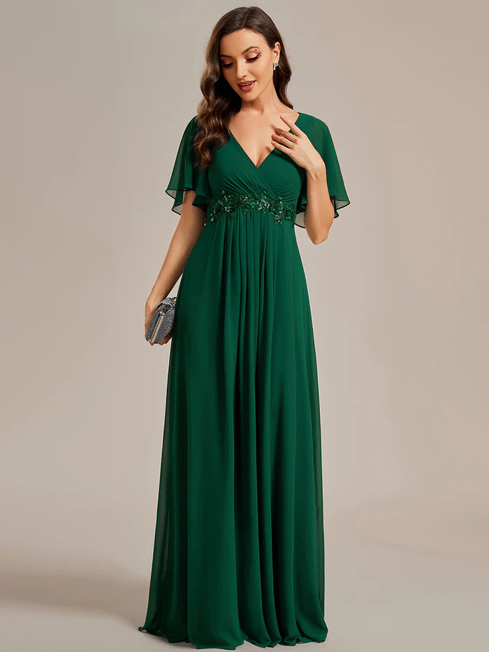 V Neck Appliques Pleated Bridesmaid Dress - CALABRO®