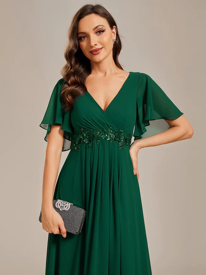 V Neck Appliques Pleated Bridesmaid Dress - CALABRO®