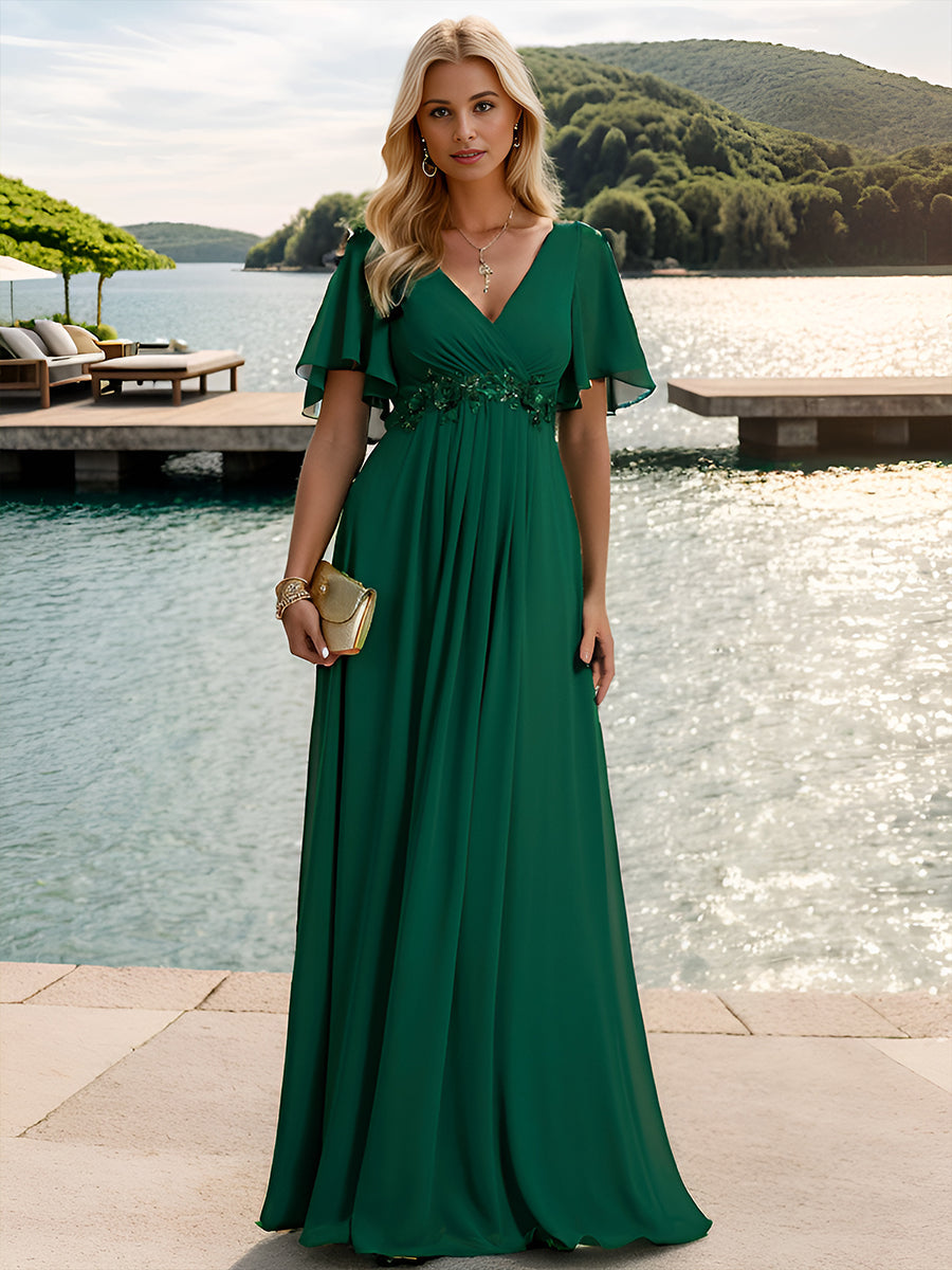 V Neck Appliques Pleated Bridesmaid Dresses - CALABRO®