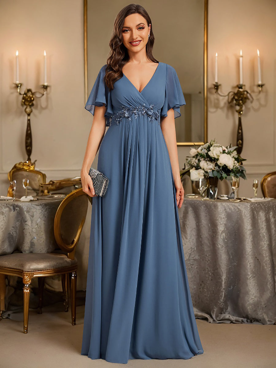 V Neck Appliques Pleated Bridesmaid Dresses - CALABRO®