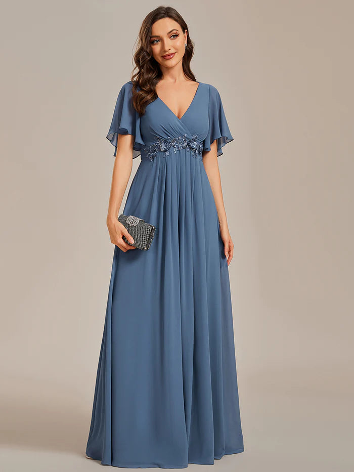 V Neck Appliques Pleated Bridesmaid Dress - CALABRO®