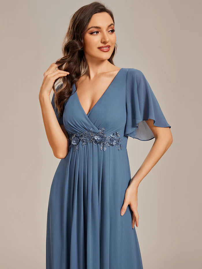 V Neck Appliques Pleated Bridesmaid Dress - CALABRO®