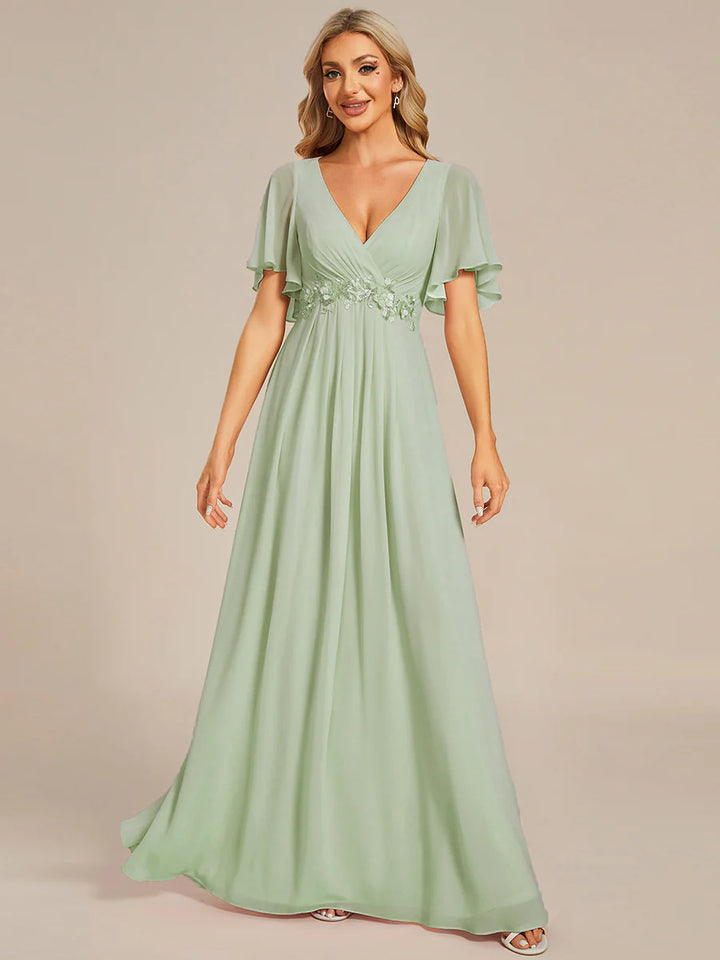 V Neck Appliques Pleated Bridesmaid Dresses - CALABRO®