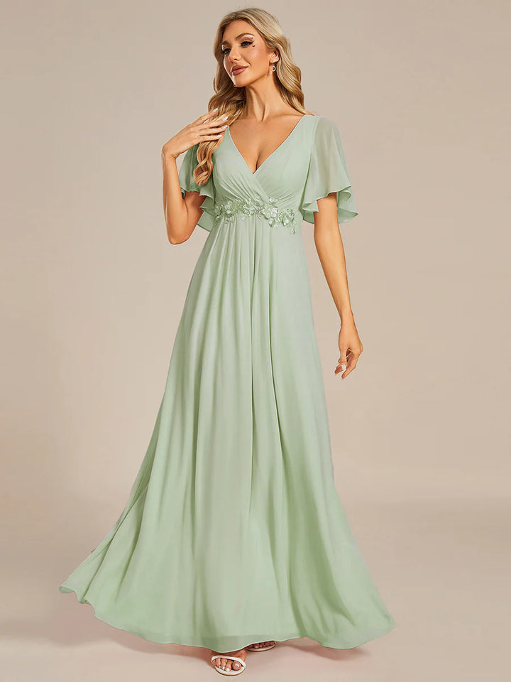 V Neck Appliques Pleated Bridesmaid Dresses - CALABRO®