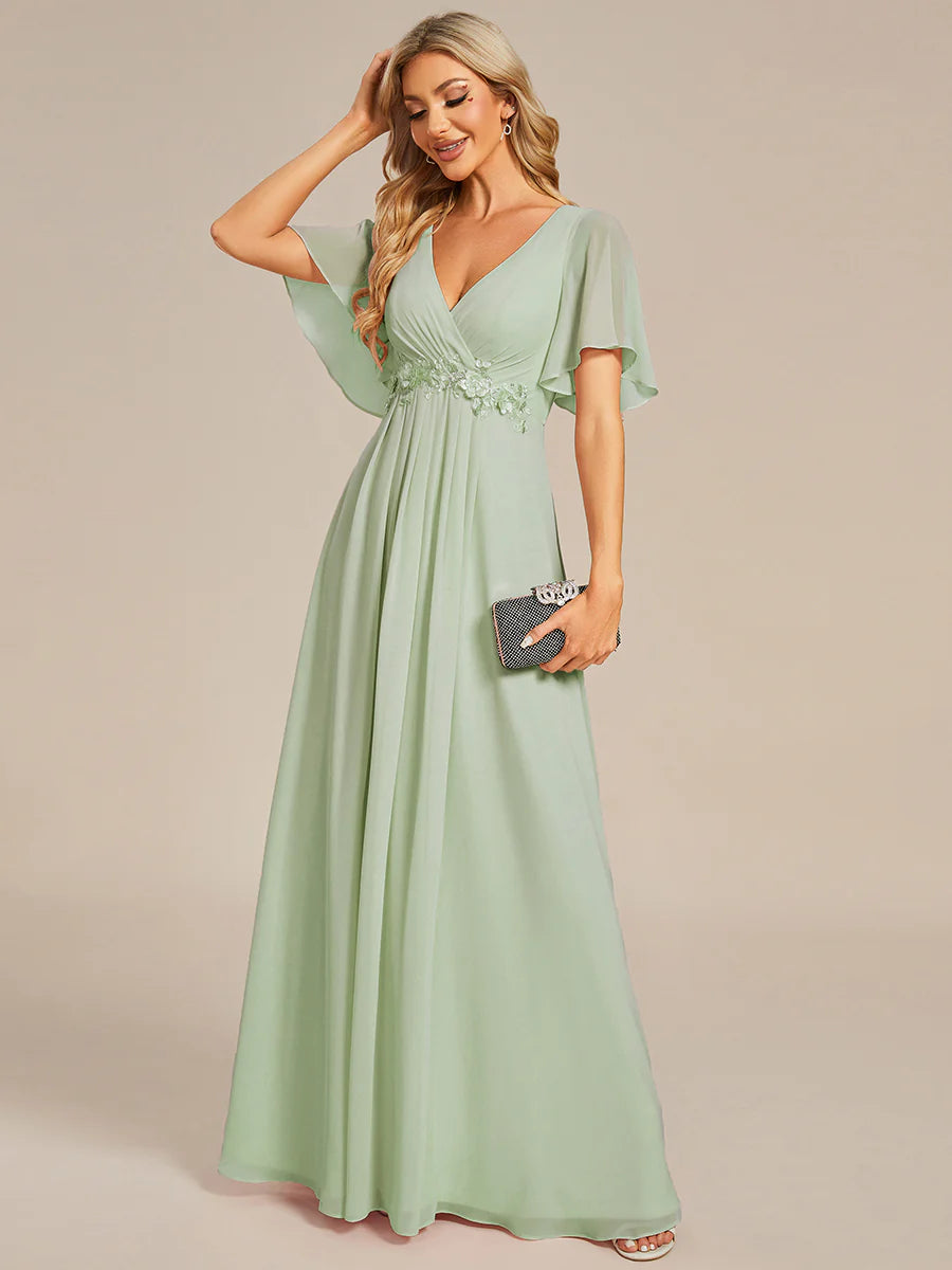 V Neck Appliques Pleated Bridesmaid Dresses - CALABRO®