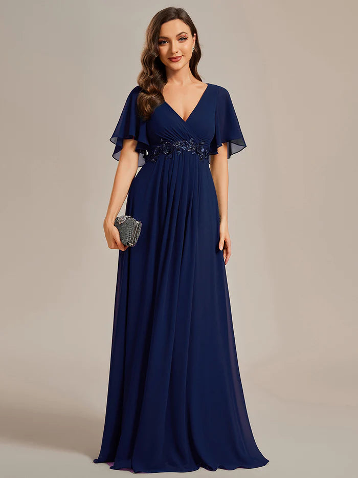 V Neck Appliques Pleated Bridesmaid Dress - CALABRO®