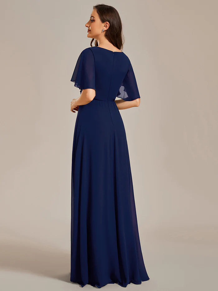 V Neck Appliques Pleated Bridesmaid Dress - CALABRO®