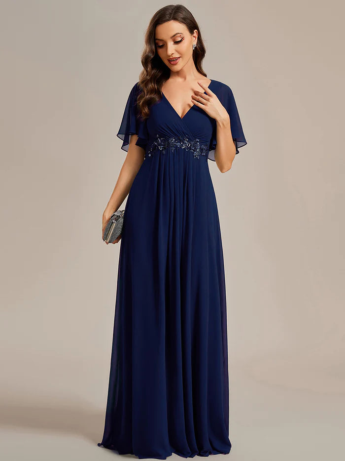 V Neck Appliques Pleated Bridesmaid Dress - CALABRO®