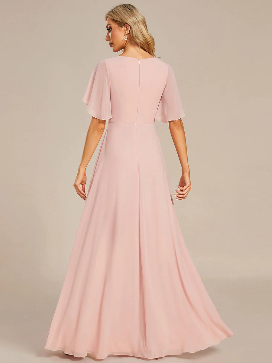 V Neck Appliques Pleated Bridesmaid Dress - CALABRO®