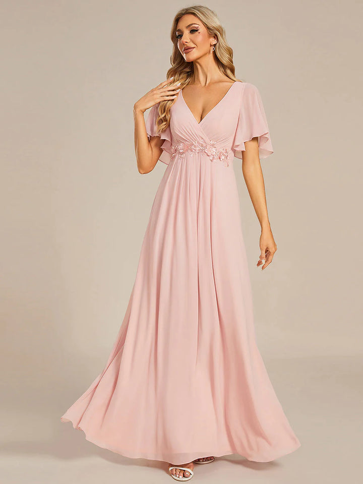 V Neck Appliques Pleated Bridesmaid Dress - CALABRO®