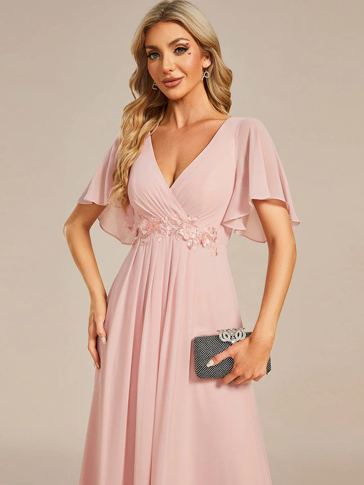 V Neck Appliques Pleated Bridesmaid Dress - CALABRO®