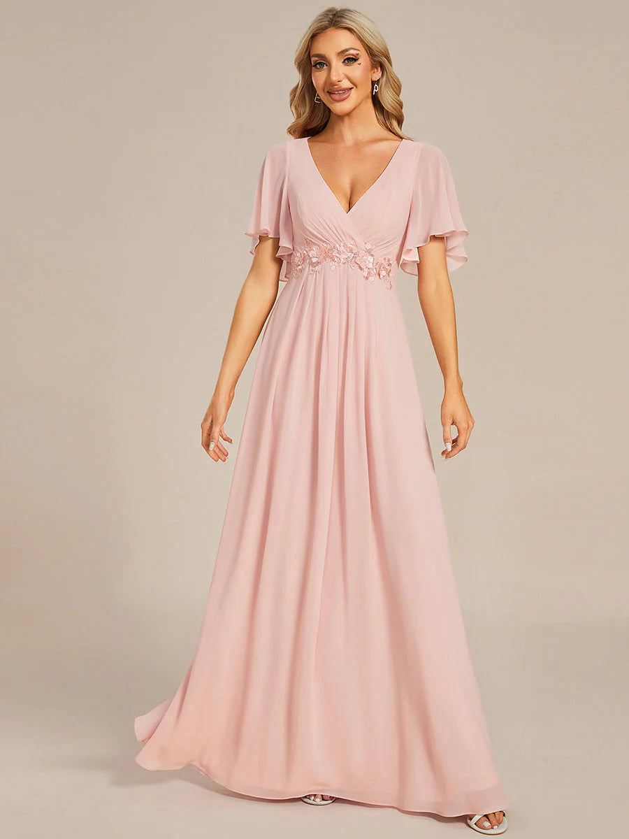 V Neck Appliques Pleated Bridesmaid Dress - CALABRO®