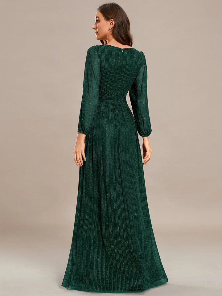 Maxi Long Chiffon Waist V Neck Evening Dress with Long Sleeves - CALABRO®