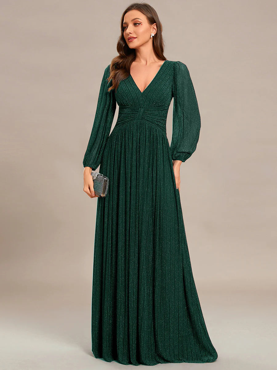 Maxi Long Chiffon Waist V Neck Evening Dress with Long Sleeves - CALABRO®