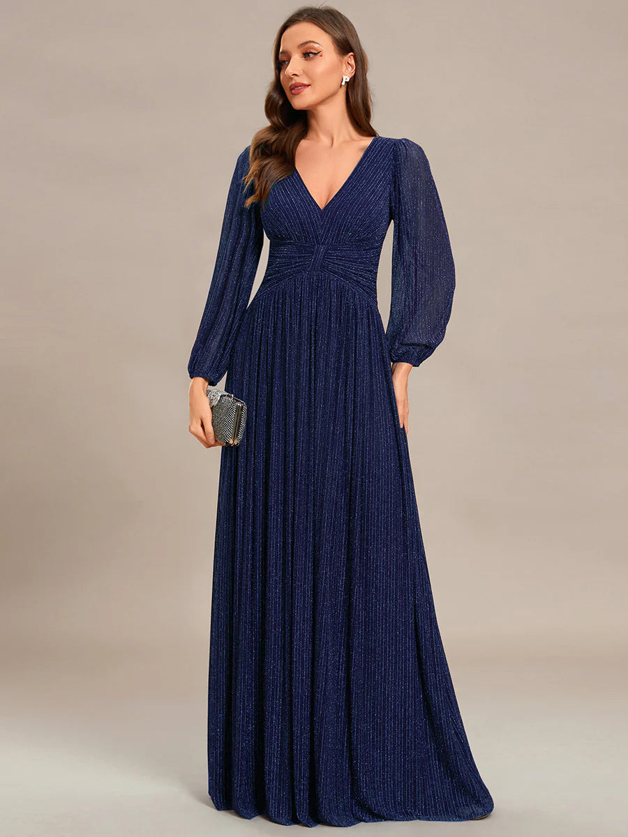 Maxi Long Chiffon Waist V Neck Evening Dress with Long Sleeves - CALABRO®