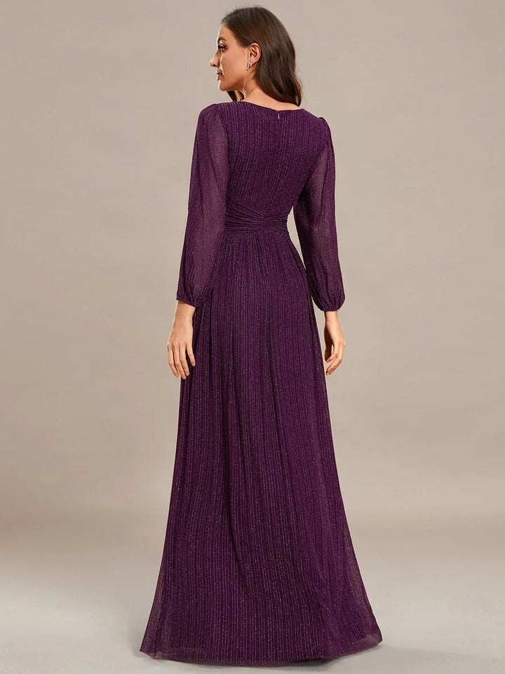 Maxi Long Chiffon Waist V Neck Evening Dress with Long Sleeves - CALABRO®