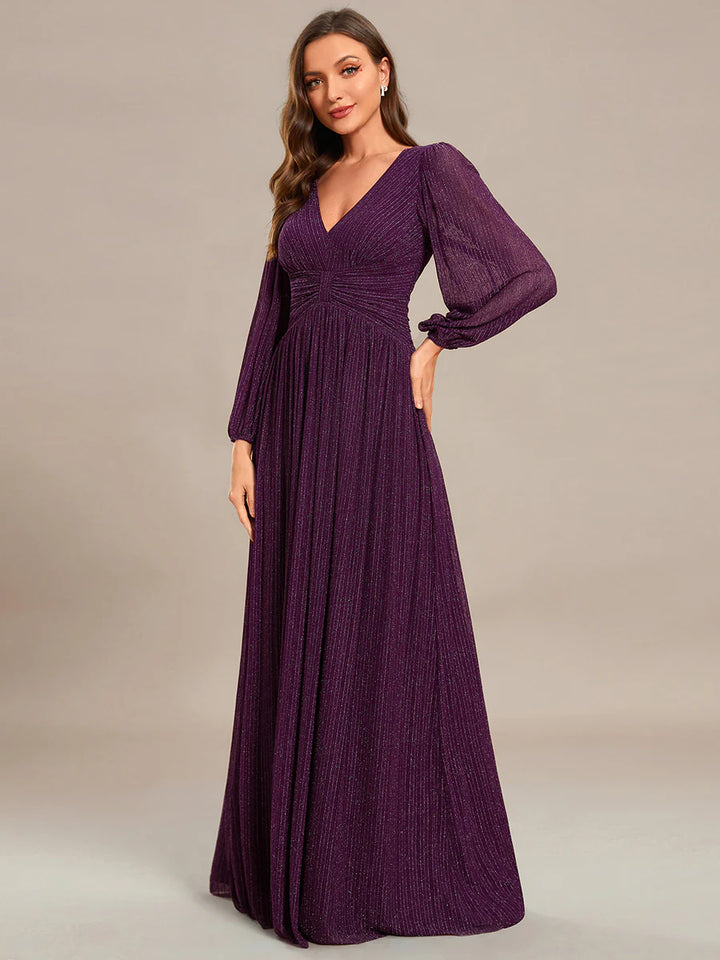 Maxi Long Chiffon Waist V Neck Evening Dress with Long Sleeves - CALABRO®