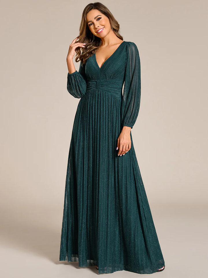 Maxi Long Chiffon Waist V Neck Evening Dress with Long Sleeves - CALABRO®