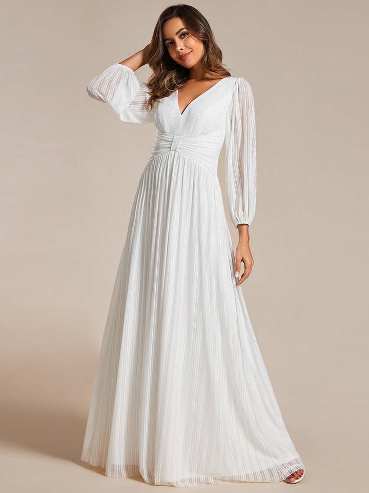 Maxi Long Chiffon Waist V Neck Wedding Dress with Long Sleeves - CALABRO®