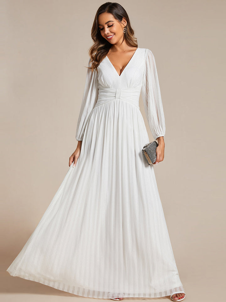 Maxi Long Chiffon Waist V Neck Wedding Dress with Long Sleeves - CALABRO®