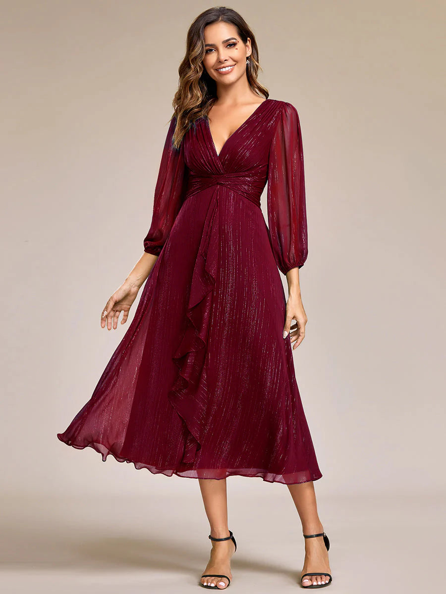 Shiny Chiffon Wedding Guest Evening Dresses with Long Sleeve - CALABRO®