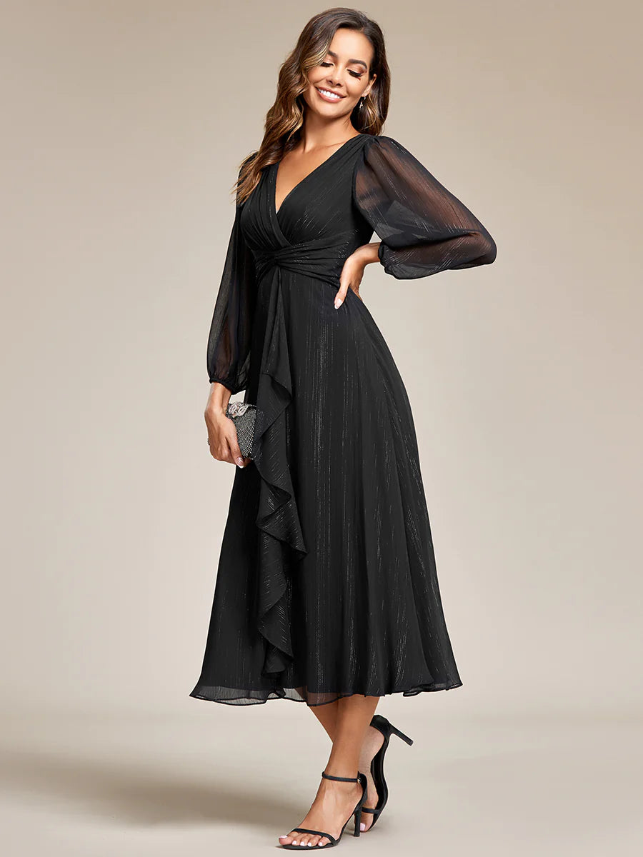 Shiny Chiffon Wedding Guest Evening Dresses with Long Sleeve - CALABRO®